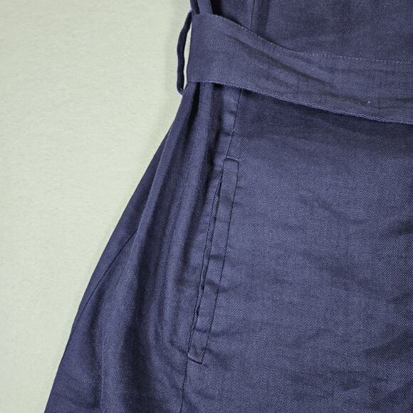 HALSTON Stretch Linen Shirt Dress 8 M Navy Blue Tie Belt Coastal Preppy Pockets - Picture 9 of 16